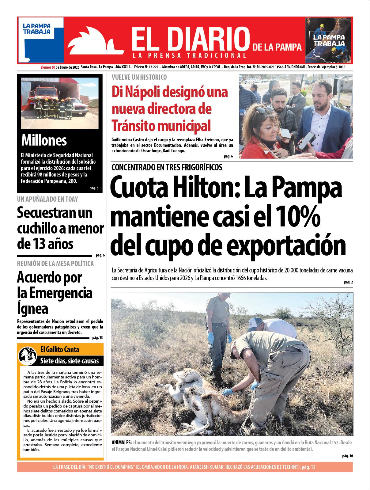 Tapa de El Diario en papel  viernes 30 de enero de 2026